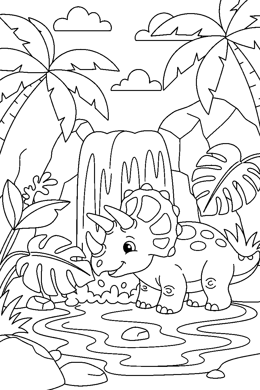 triceratops wandering curiously near a jungle waterfall line art