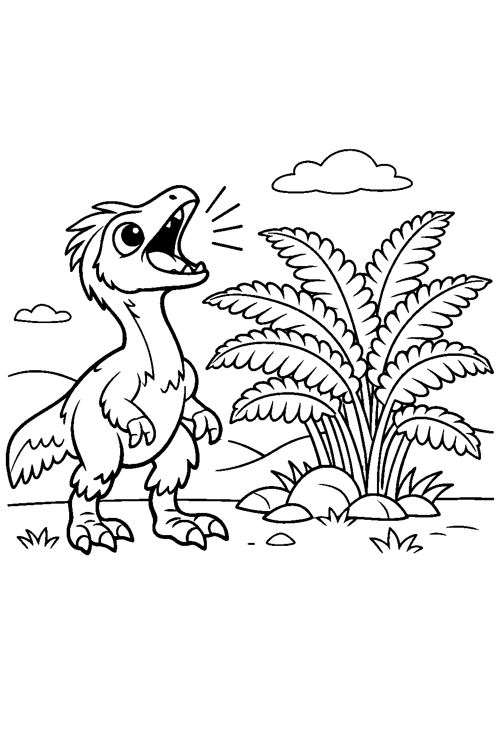 troodon calling loudly near giant ferns line art