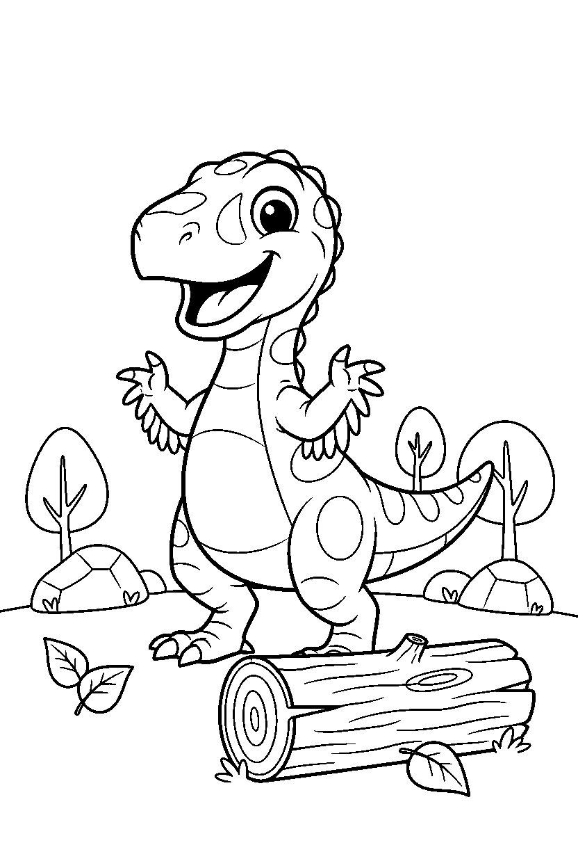 troodon dinosaur smiling happily near a fallen log line art