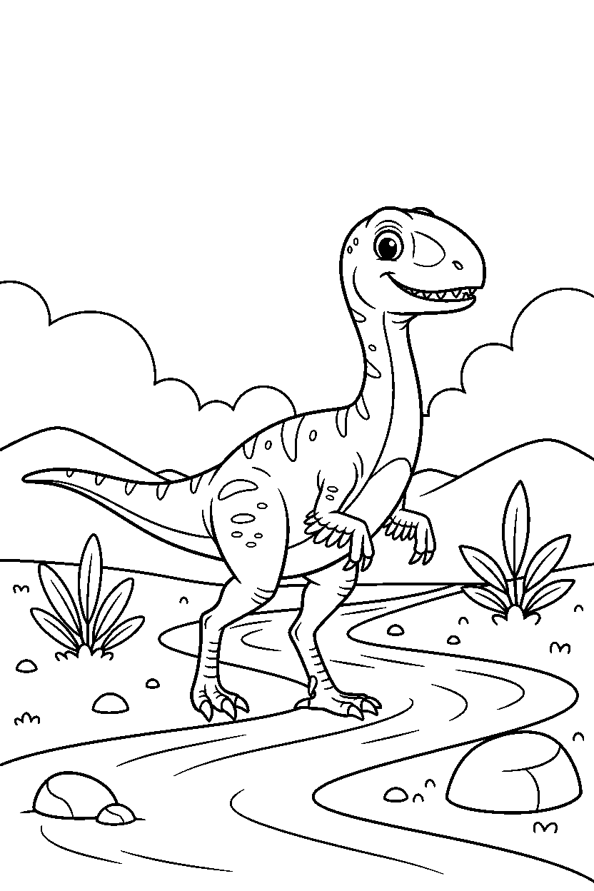troodon dinosaur walking proudly by a river line art