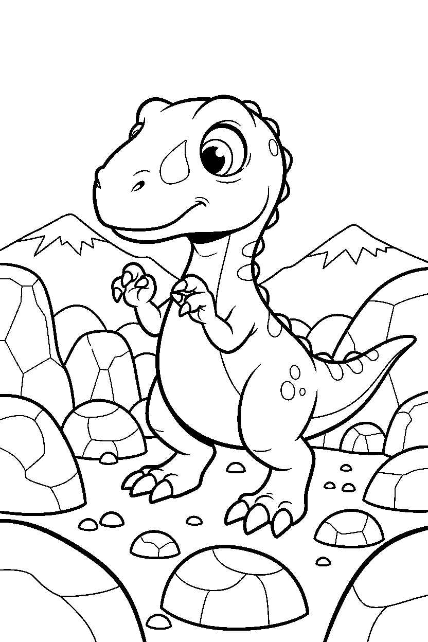 troodon exploring curiously in a rocky field line art