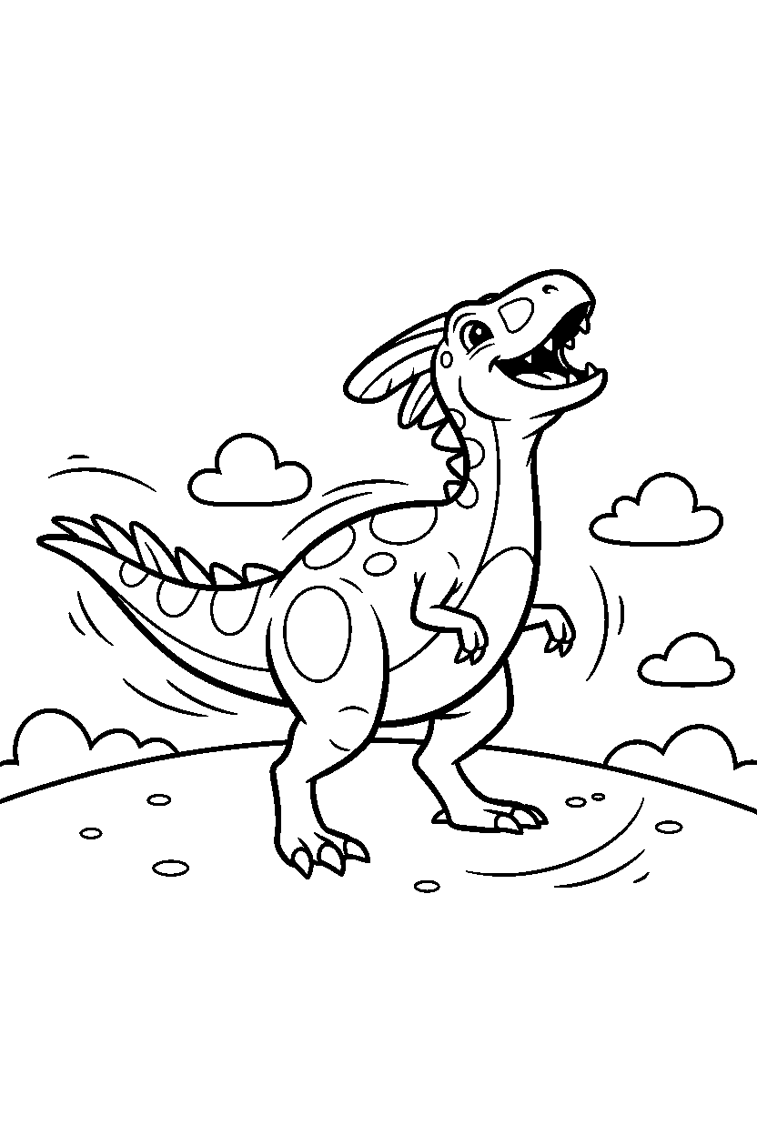 troodon laughing playfully on a windy hill line art