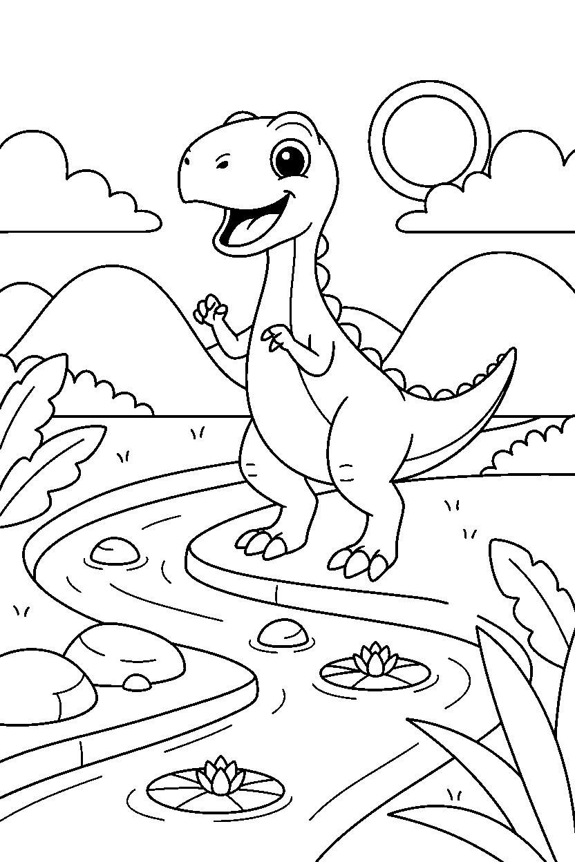 troodon making a happy face beside a shallow stream line art