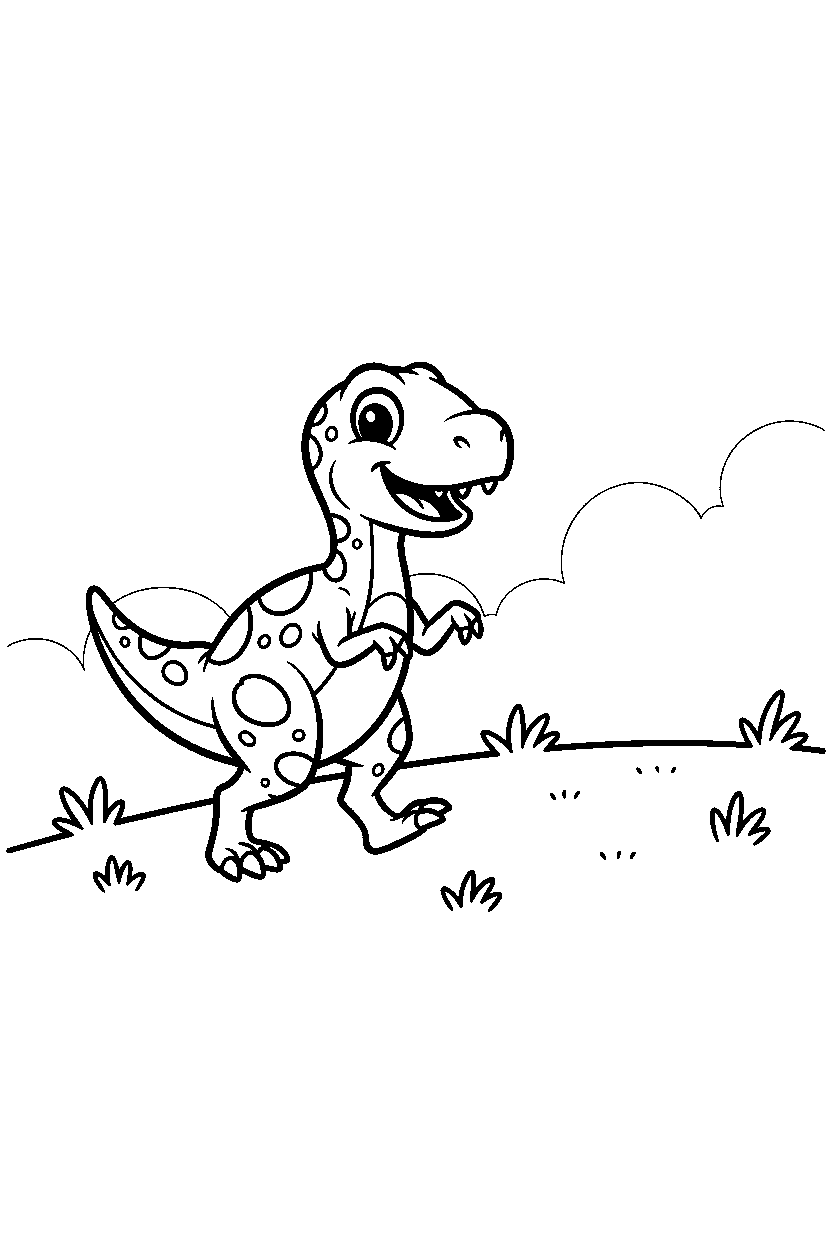 troodon marching playfully near a grassy hill line art