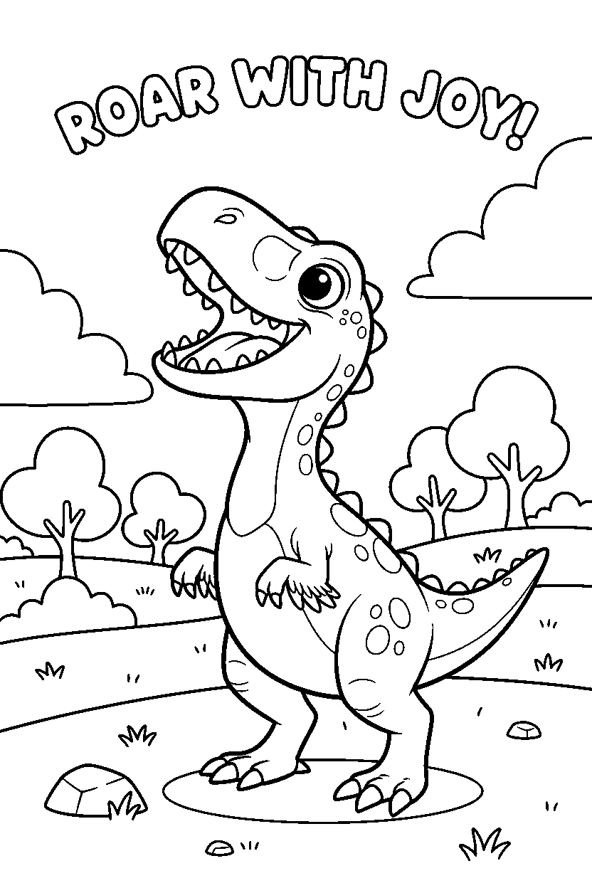 troodon roaring happily on a wide grassland line art