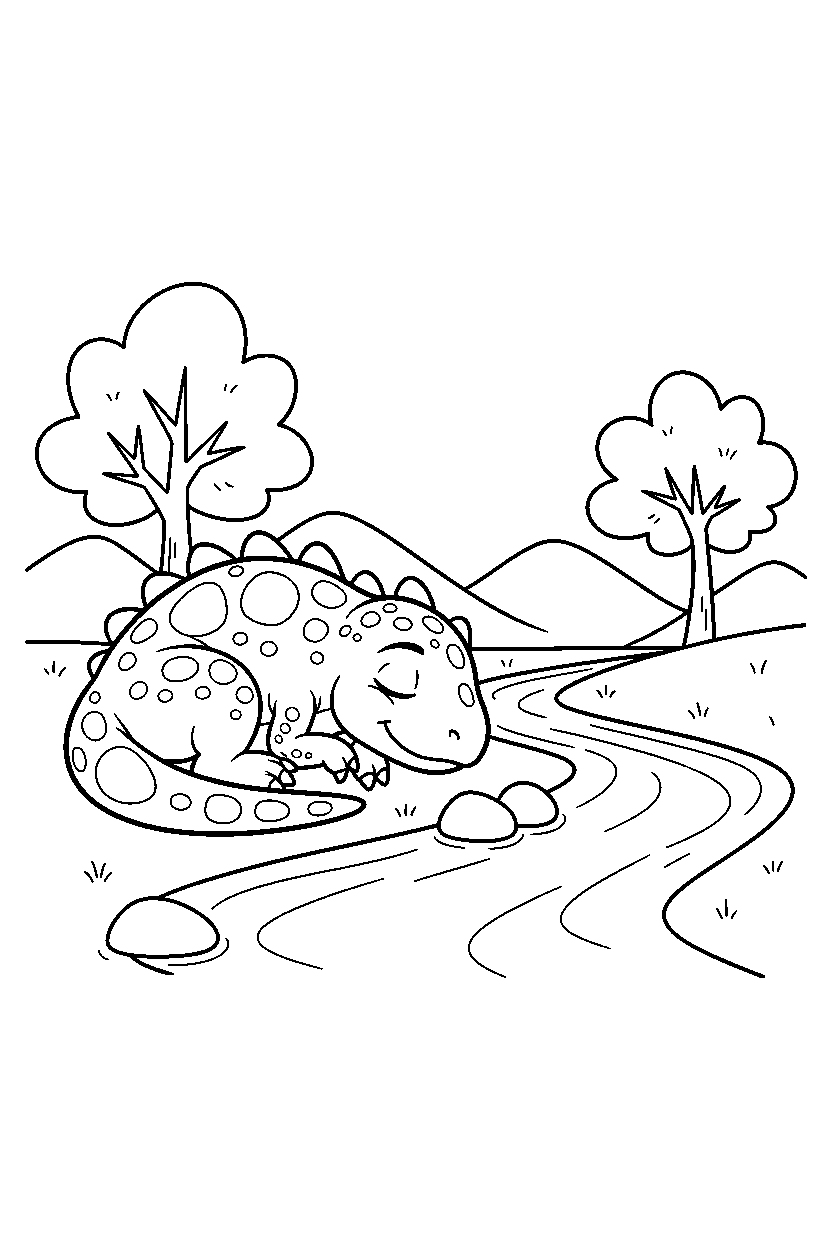 troodon sleeping peacefully by a river line art