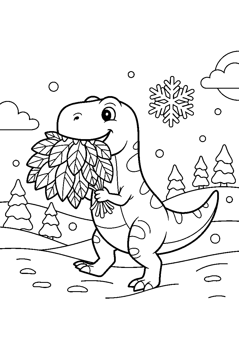 tyrannosaurus rex carrying leaves in a snowy land line art