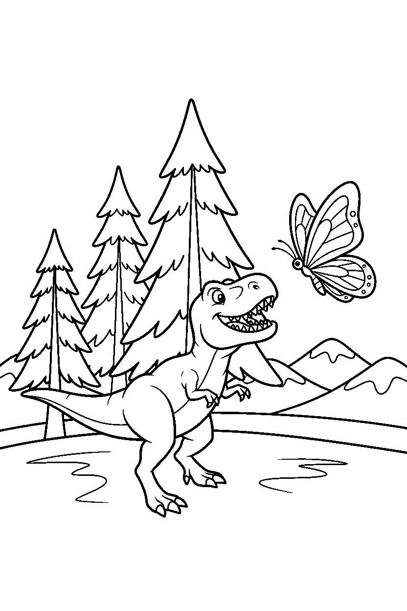 tyrannosaurus rex chasing a butterfly in a pine forest line art