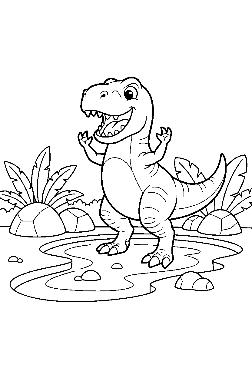 tyrannosaurus rex cheering happily beside a shallow stream line art