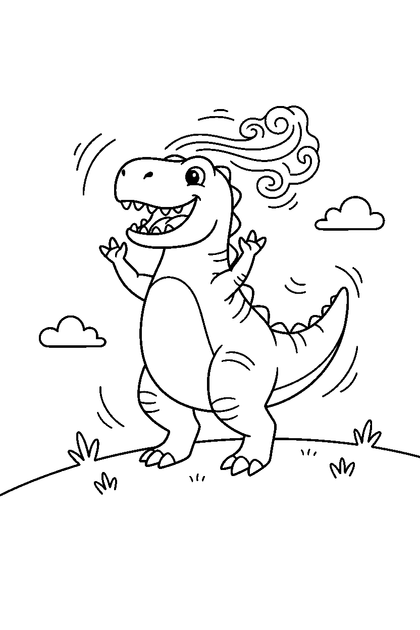 tyrannosaurus rex cheering happily on a windy hill line art