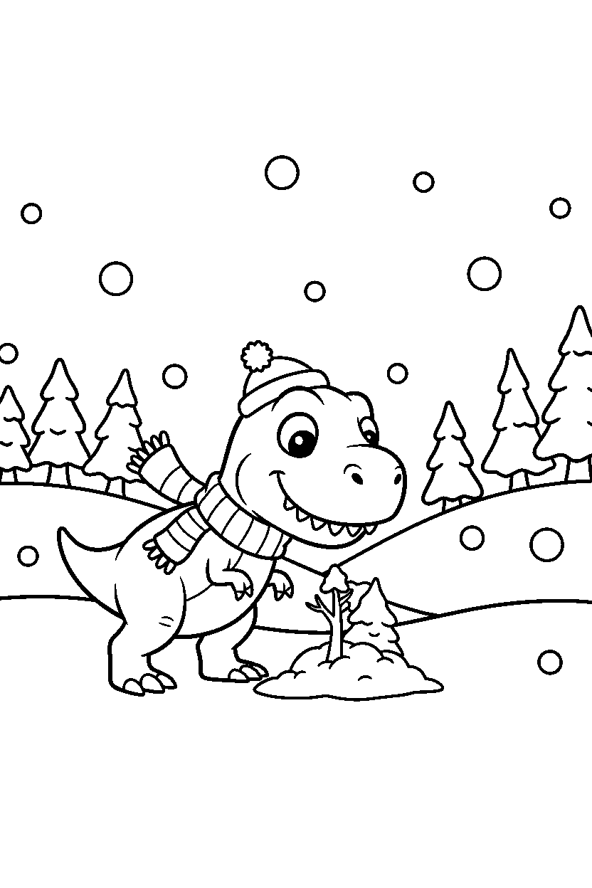 tyrannosaurus rex dinosaur exploring curiously in a snowy land line art