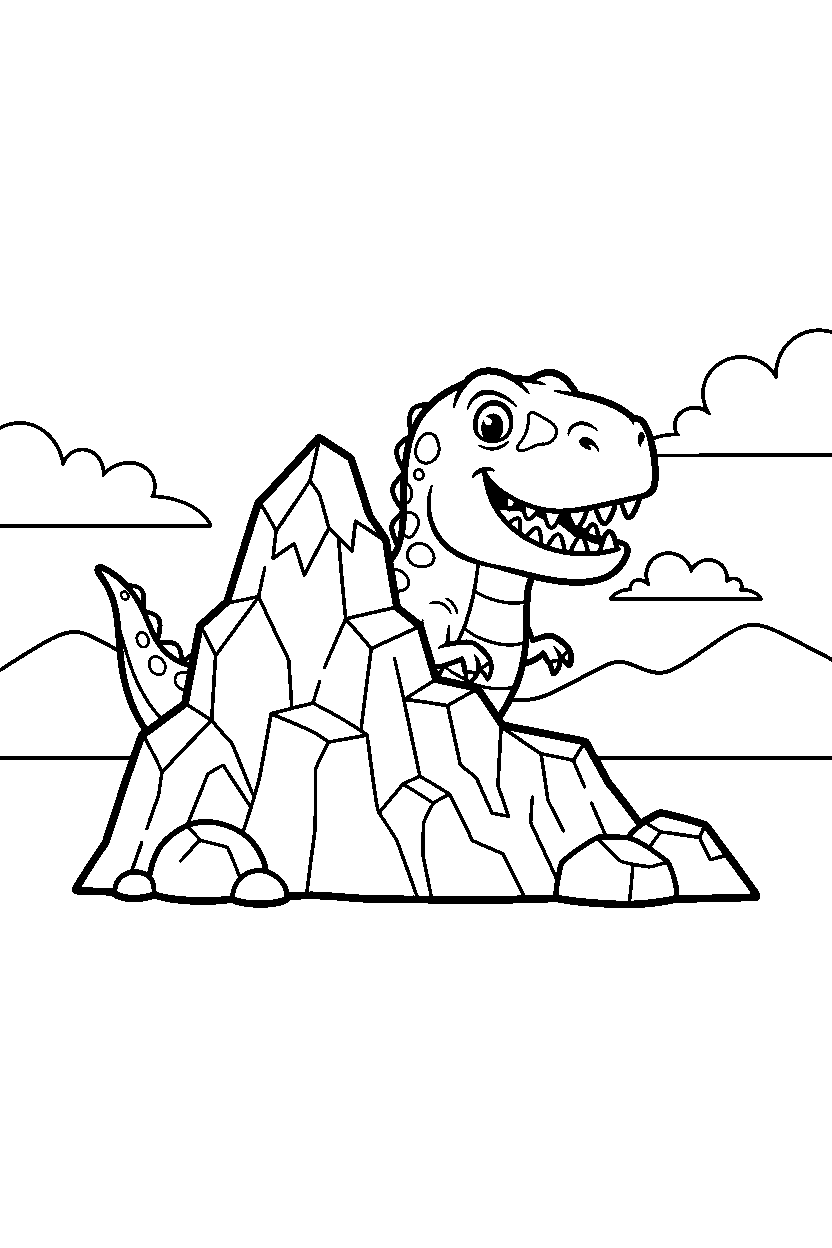 tyrannosaurus rex dinosaur hiding playfully on a rocky mountain line art