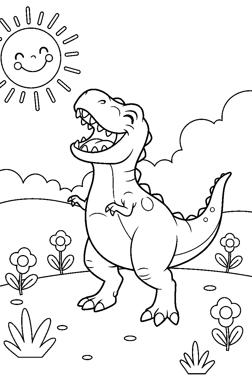 tyrannosaurus rex dinosaur laughing playfully in a sunny meadow line art
