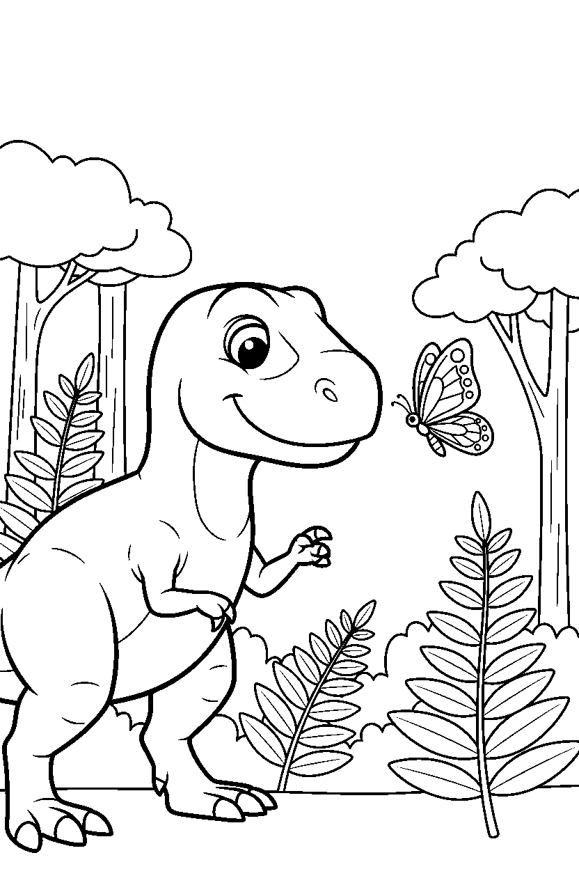 tyrannosaurus rex dinosaur looking at a butterfly in a fern forest line art