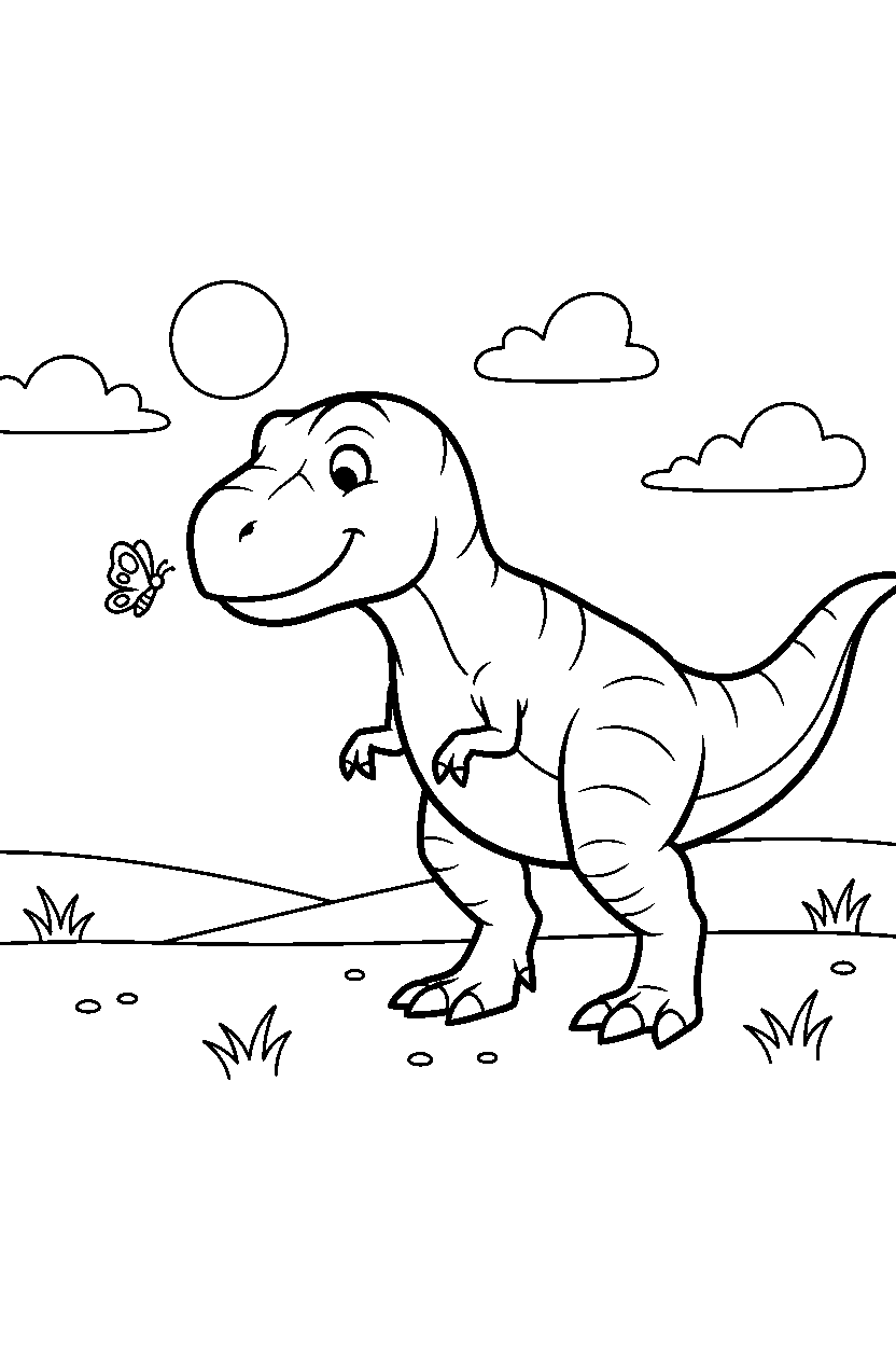 tyrannosaurus rex dinosaur looking at a butterfly on a grassy plain line art