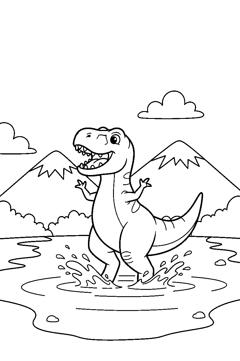 tyrannosaurus rex dinosaur playing happily near a mountain lake line art