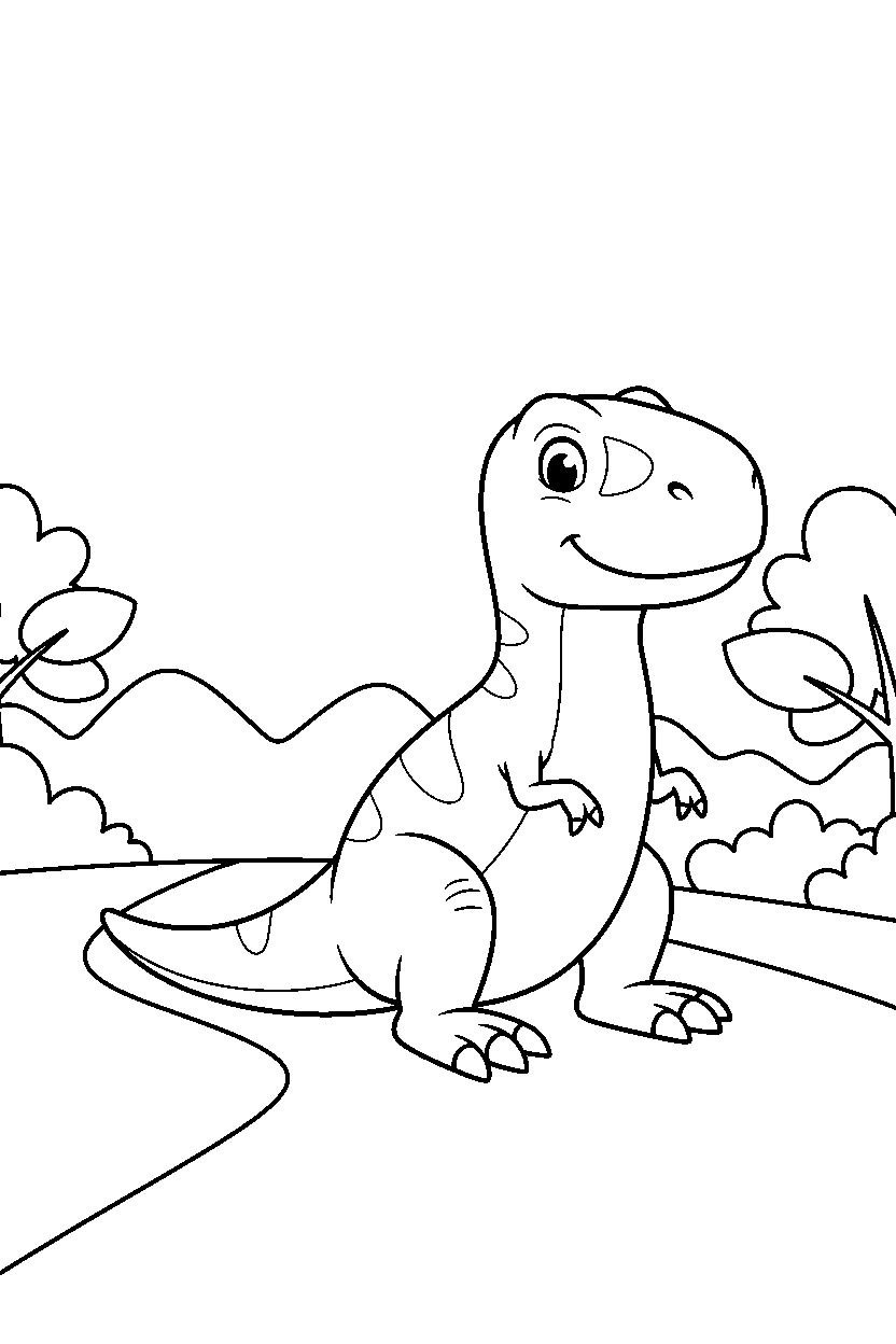 tyrannosaurus rex dinosaur sitting calmly on a dirt path line art
