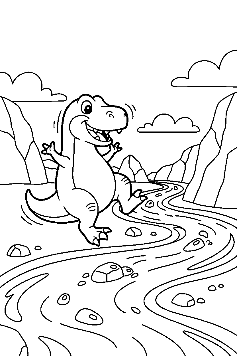 tyrannosaurus rex dinosaur spinning playfully near a lava stream line art