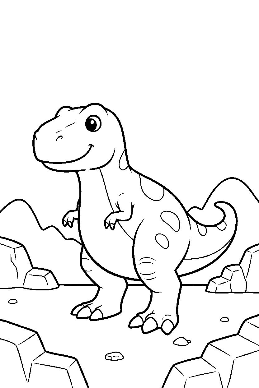 tyrannosaurus rex dinosaur standing calmly in a rocky field line art