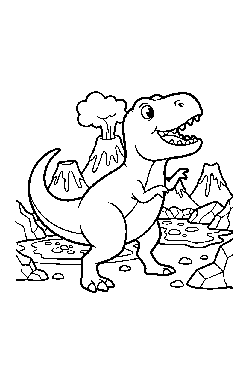 tyrannosaurus rex dinosaur stretching playfully near a volcanic field line art