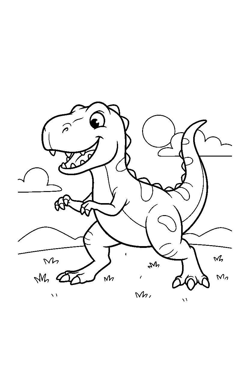 tyrannosaurus rex dinosaur stretching playfully on a grassy plain line art