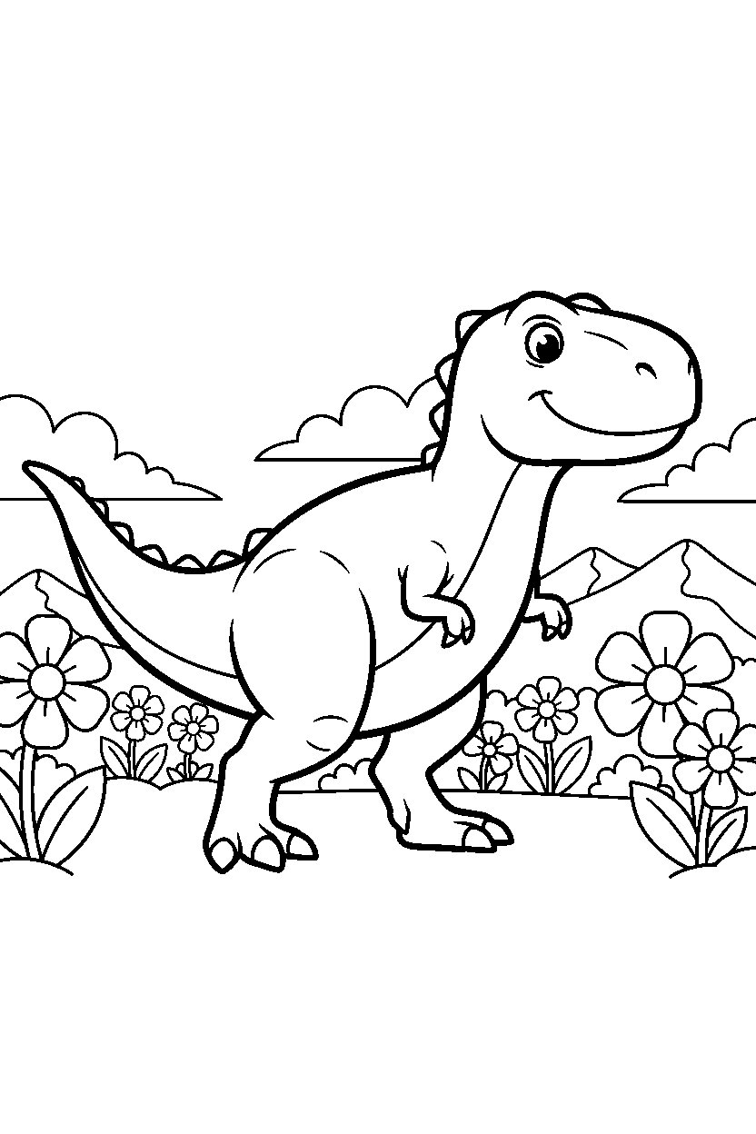 tyrannosaurus rex dinosaur walking proudly in a flower field line art