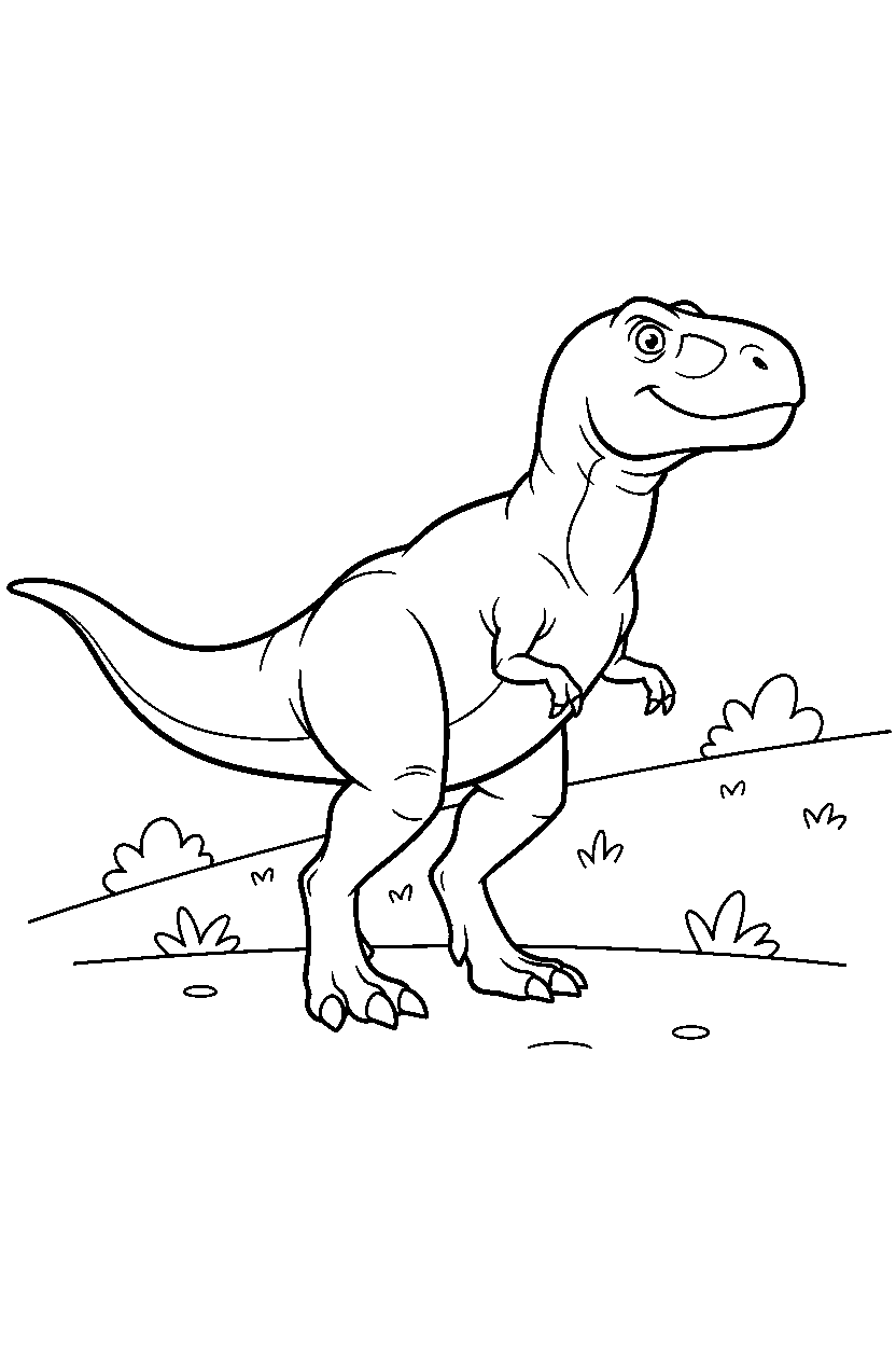 tyrannosaurus rex dinosaur walking proudly near a grassy hill line art