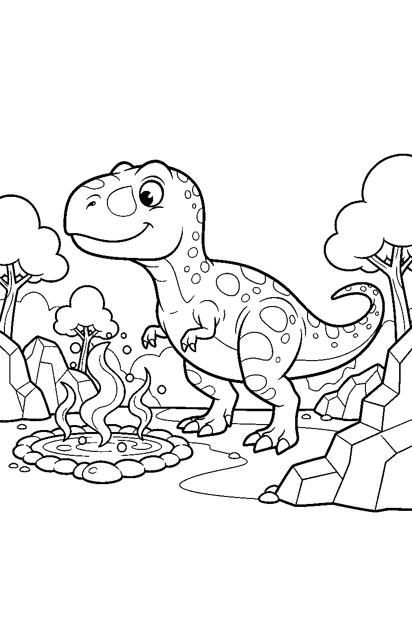 tyrannosaurus rex dinosaur wandering curiously near hot springs line art