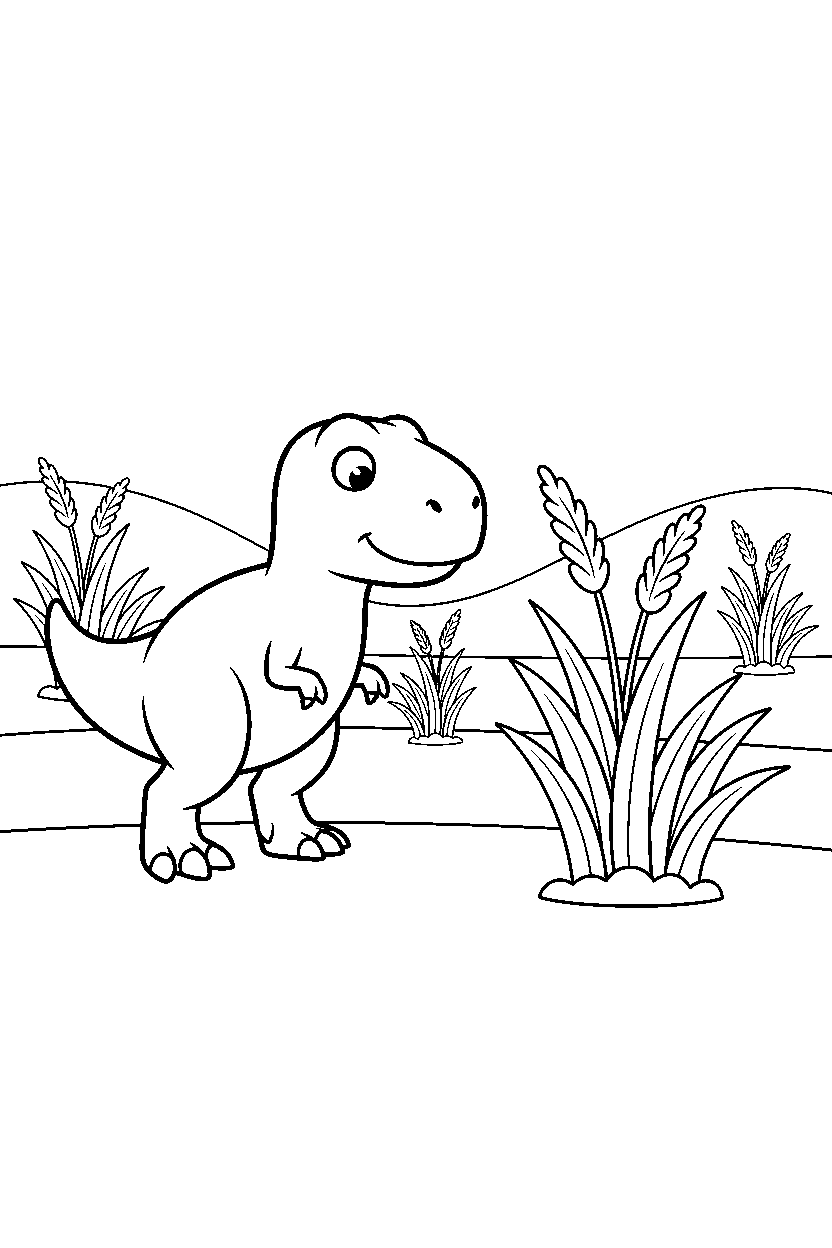 tyrannosaurus rex dinosaur wandering curiously near tall grasses line art
