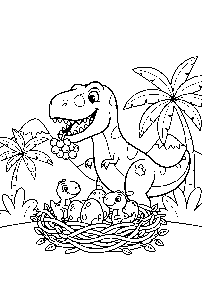 tyrannosaurus rex eating a berry near a baby dinosaur nest line art