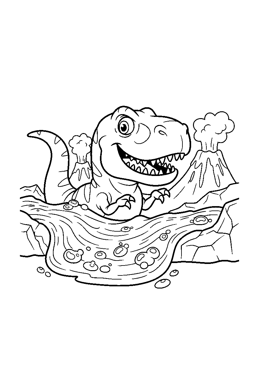 tyrannosaurus rex hiding playfully near a lava stream line art