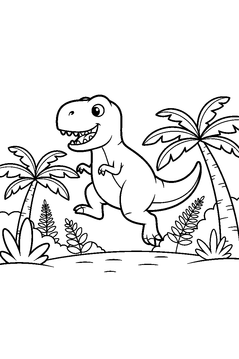 tyrannosaurus rex jumping playfully near a jungle clearing line art