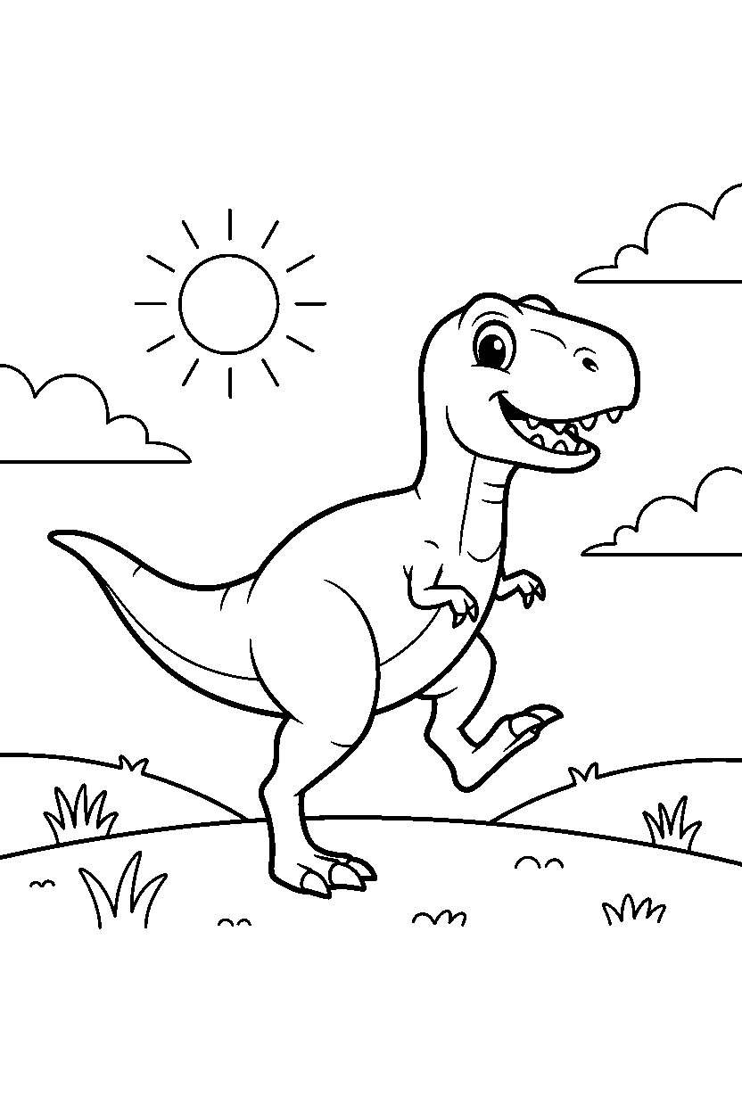 tyrannosaurus rex marching playfully on a grassy plain line art