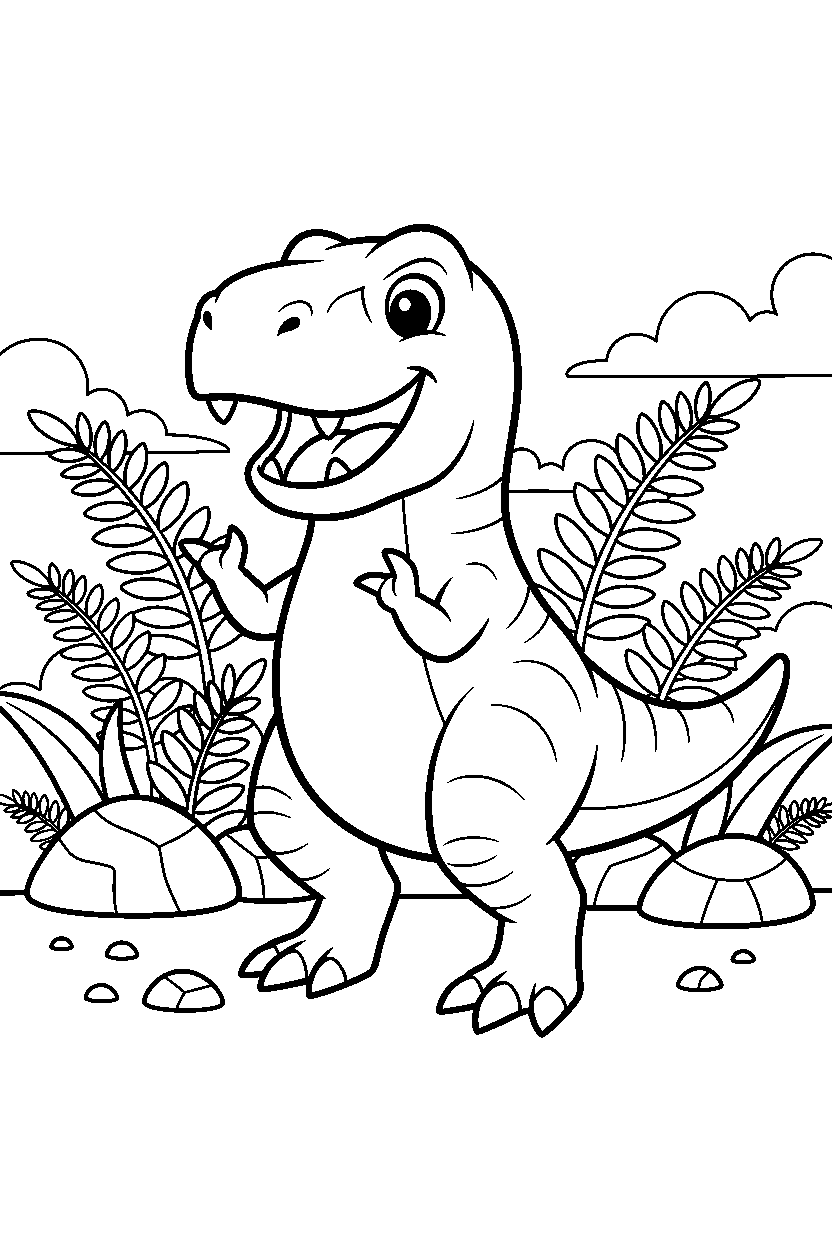 tyrannosaurus rex posing happily in a fern forest line art