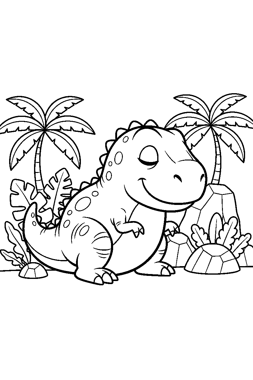 tyrannosaurus rex resting calmly in a prehistoric jungle line art