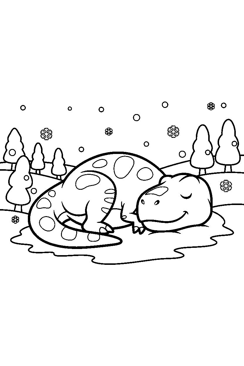 tyrannosaurus rex resting calmly in a snowy land line art