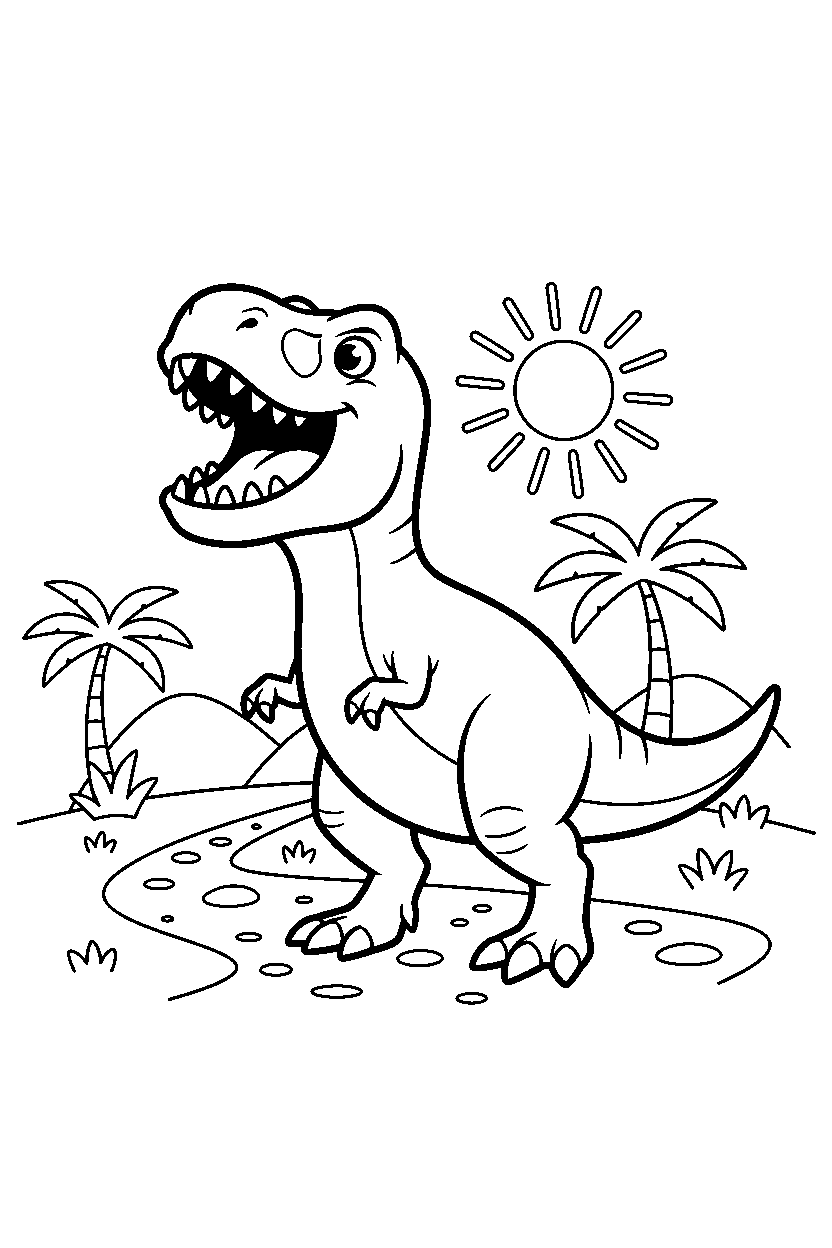 tyrannosaurus rex roaring happily on a dirt path line art