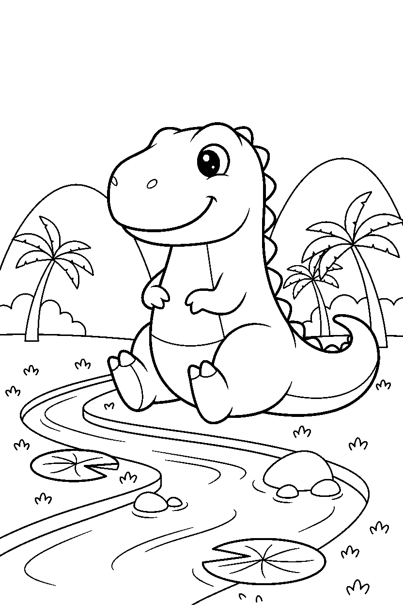 tyrannosaurus rex sitting calmly beside a shallow stream line art