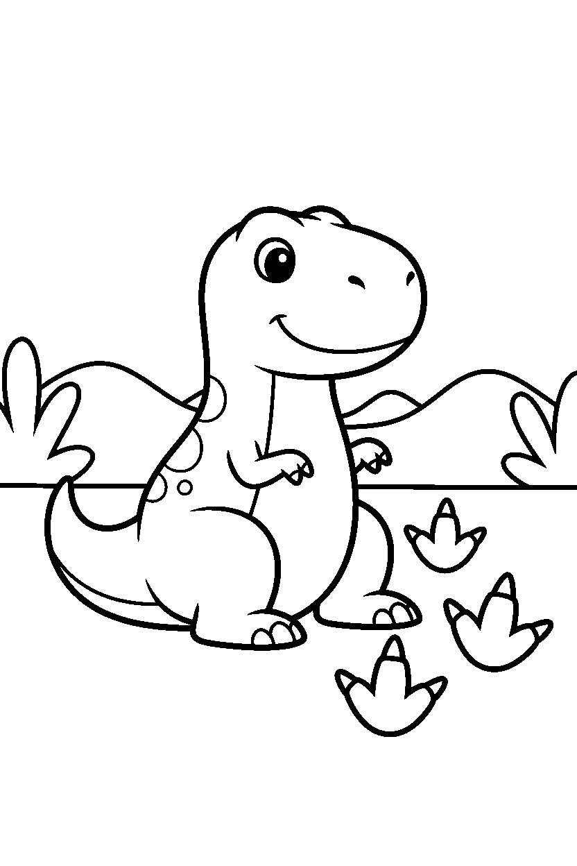 tyrannosaurus rex sitting calmly near dinosaur footprints line art