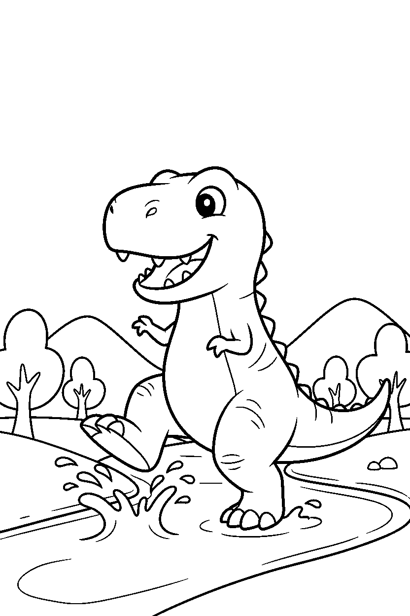 tyrannosaurus rex stomping playfully by a river line art