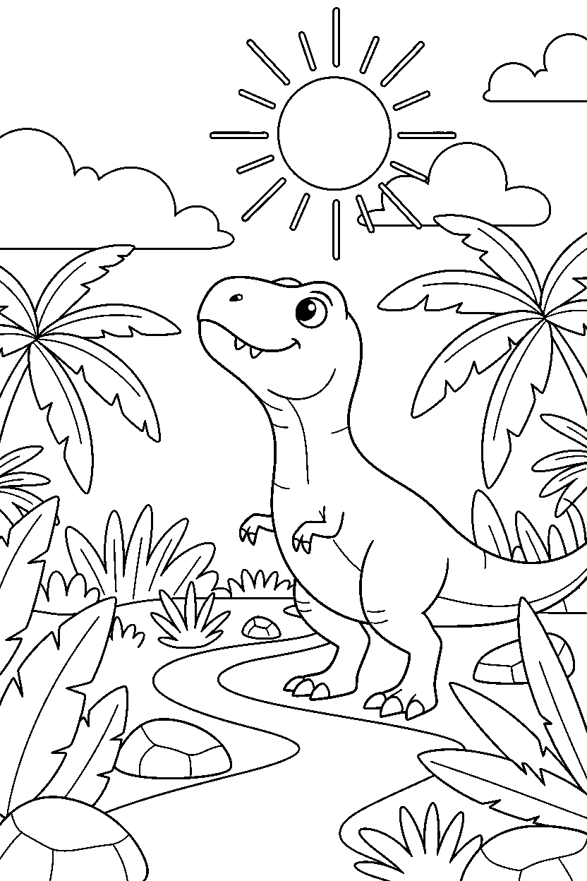 tyrannosaurus rex watching the sky on a jungle trail line art