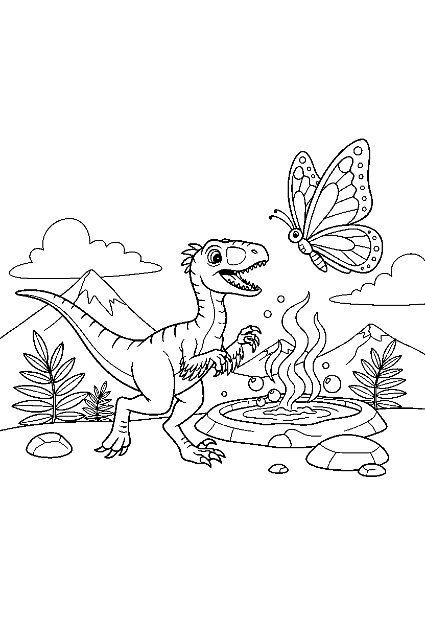 utahraptor chasing a butterfly near hot springs line art