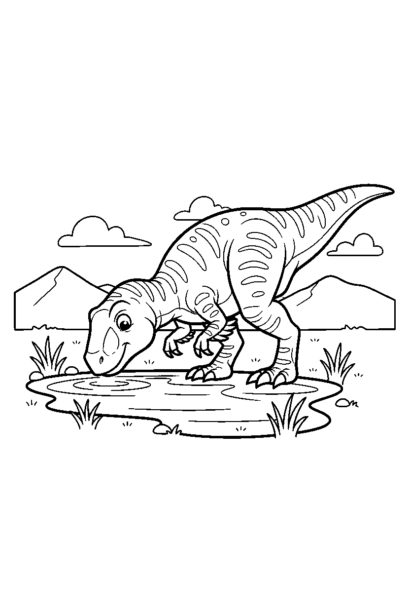 utahraptor dinosaur drinking water on a grassy plain line art