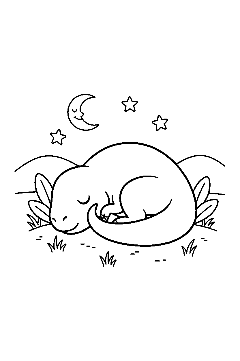 utahraptor dinosaur sleeping peacefully on a grassy plain line art