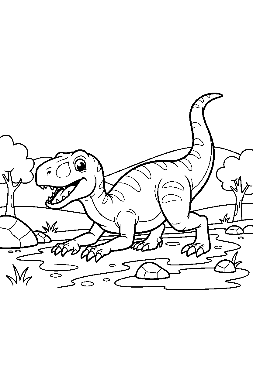 utahraptor dinosaur stretching playfully on a muddy trail line art