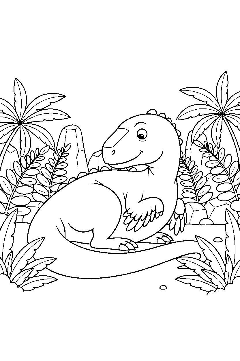 utahraptor resting calmly in a prehistoric jungle line art