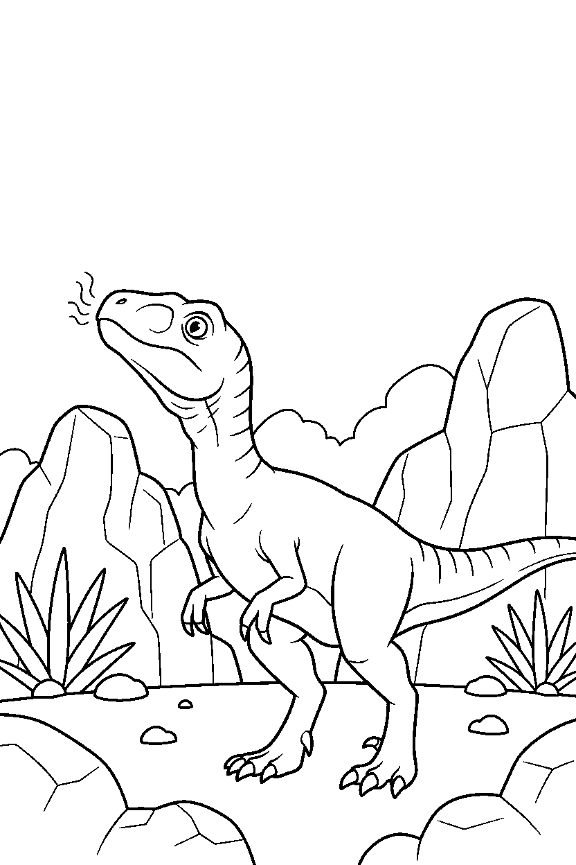 utahraptor sniffing the air in a rocky field line art