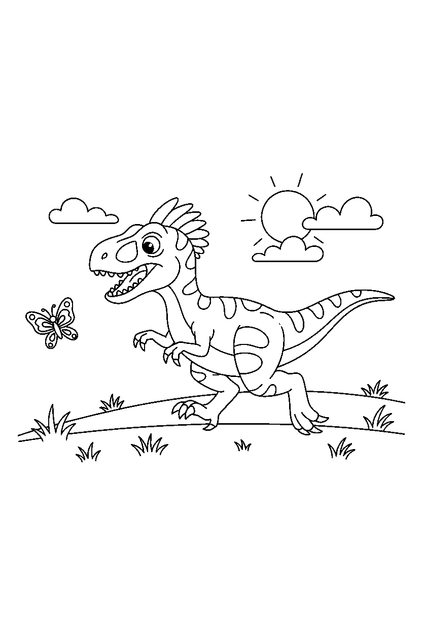 velociraptor chasing a butterfly on a grassy plain line art