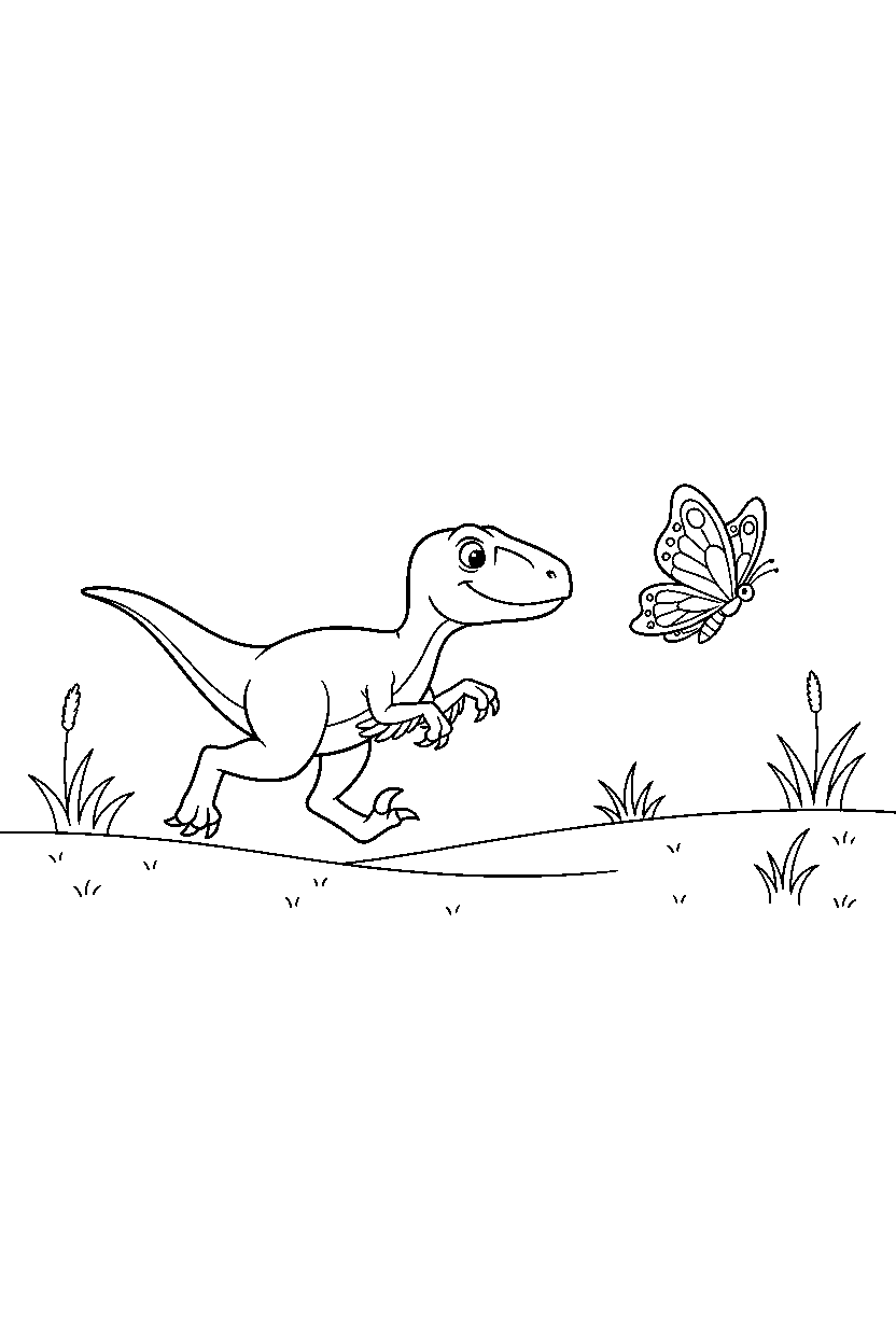 velociraptor dinosaur chasing a butterfly on a wide grassland line art