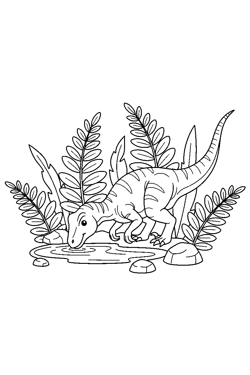 velociraptor dinosaur drinking water in a fern forest line art